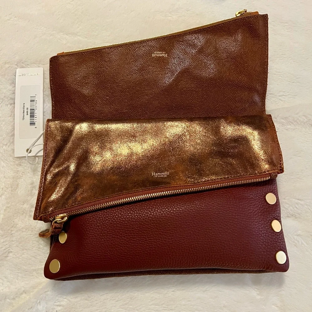 Hammitt Fold-Over Leather Clutch in Chestnut and Cognac